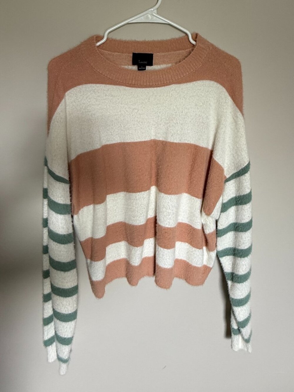 Lumière Colorblock Striped Sweater Peach Cream Green Cropped Soft Knit Size L